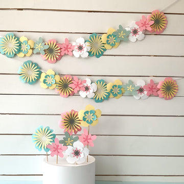 Pinfliers pastel paper flower garlands combo, 1 set of pink flower garland & 1 set of blue & yellow flower garland, birthday backdrop decoration, 36 flowers
